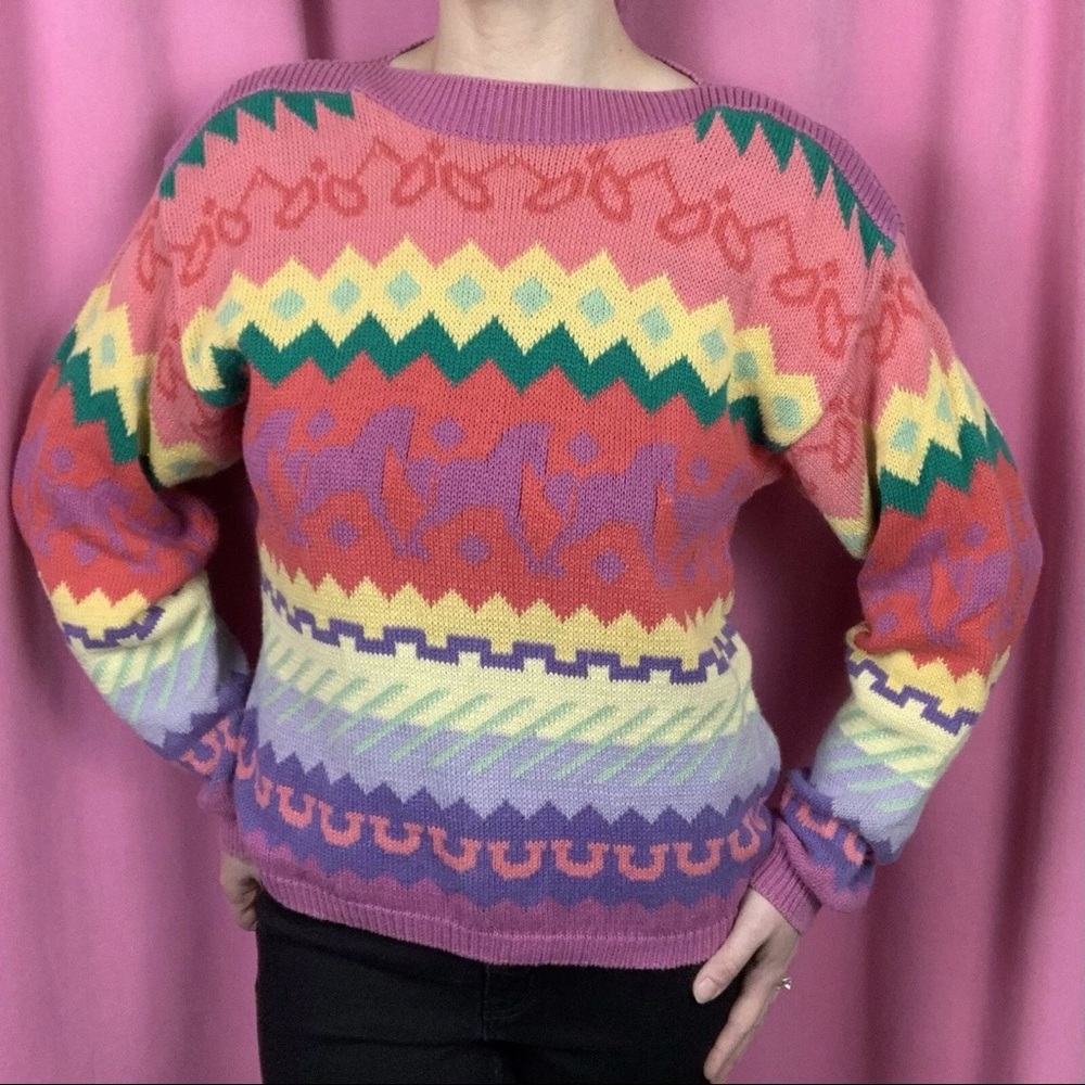 Vintage 1980s Kristin for Miller's Pink Striped Equestrian Horse Knit Sweater
